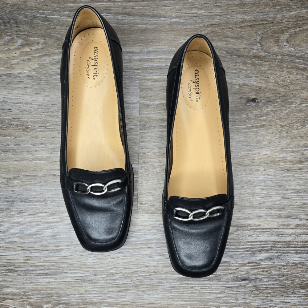 Easy Spirit Black Leather Loafers with Silver Chain Accent